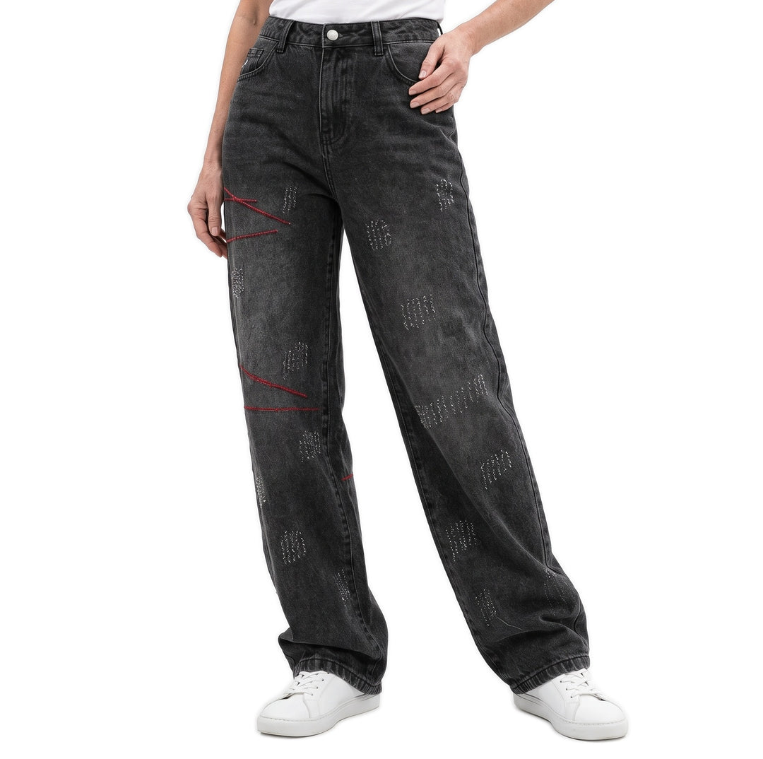 Annelise Women's Loose-Fit Distressed Straight-Leg Jeans in Black, worn