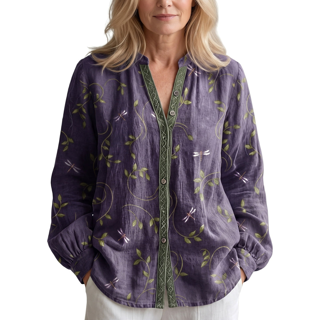 Women's vintage leaf print button-down shirt in purple