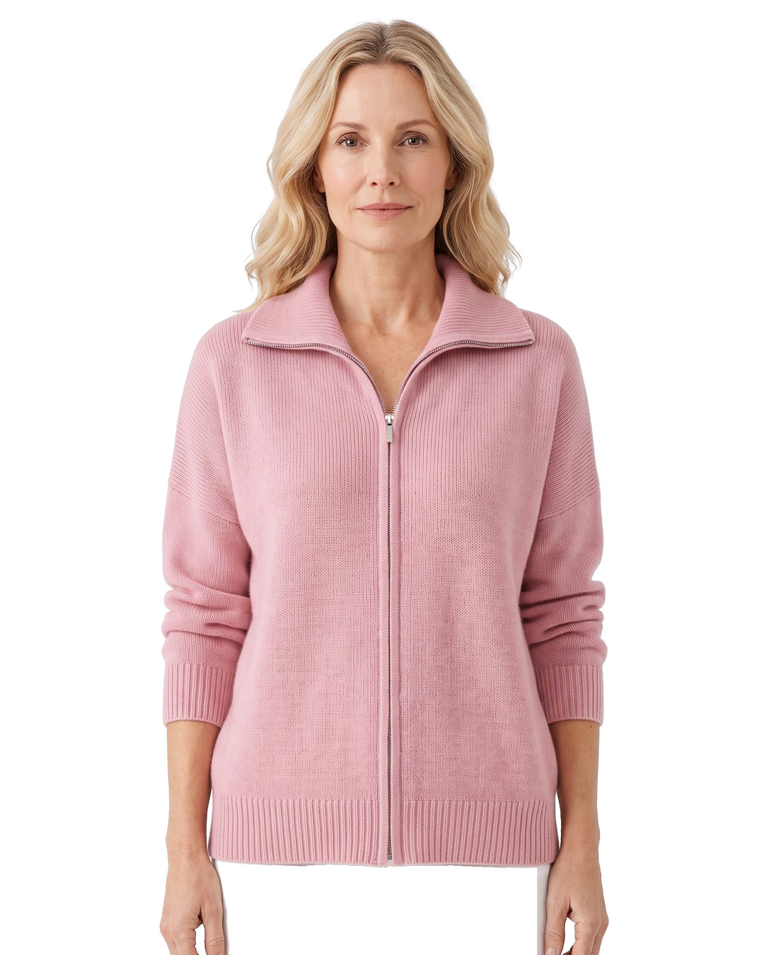 Women's chunky knit zip-front cardigan in pink