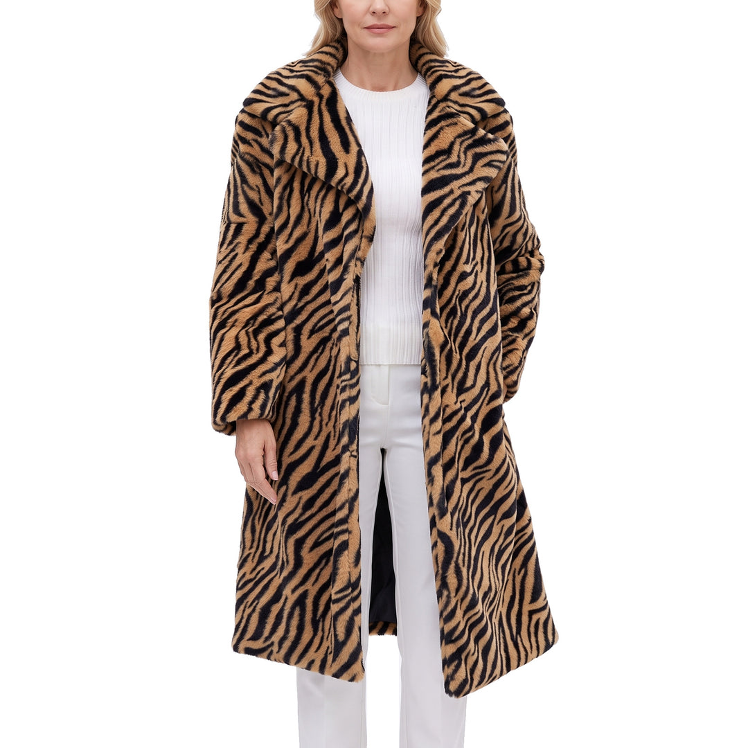 Women's animal print faux fur longline coat in camel and black tiger stripe