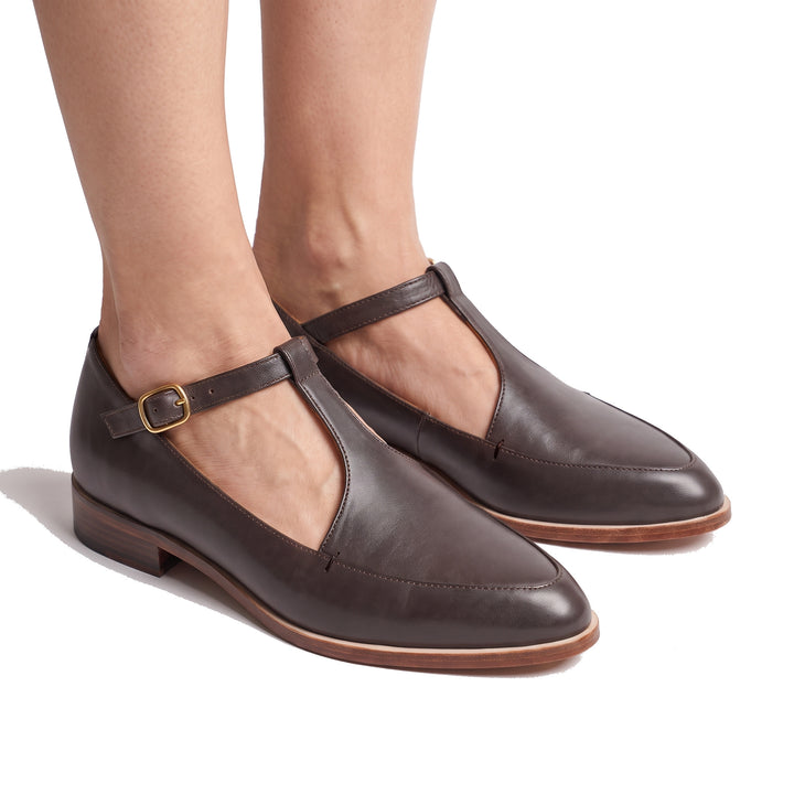 Womens T-Bar pointed-toe heeled sandals in dark brown leather worn on feet