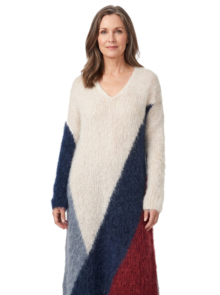 Eleanor-Lillian color-block long-pile knit maxi dress