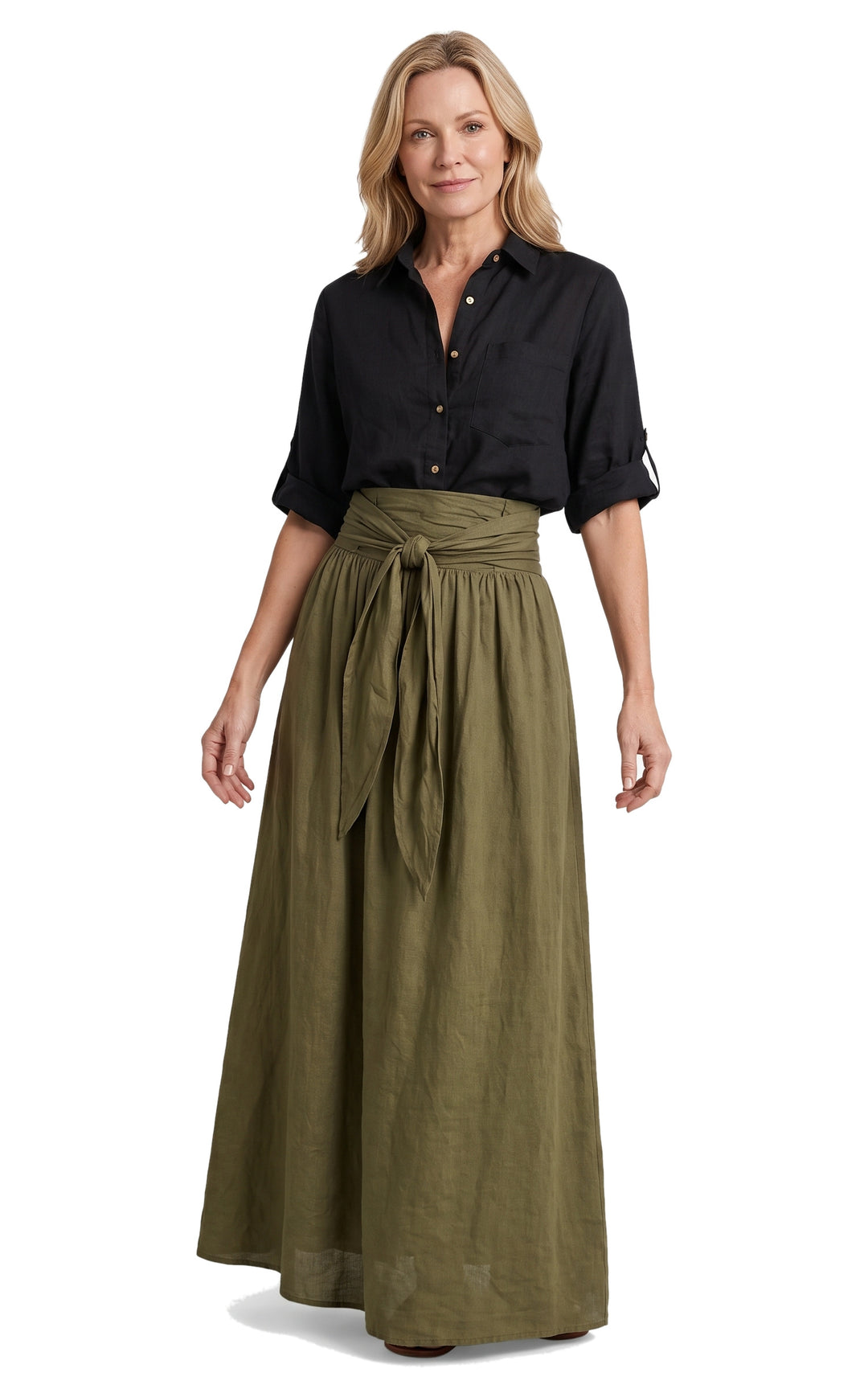 Womens tie-waist olive maxi skirt and black linen shirt set