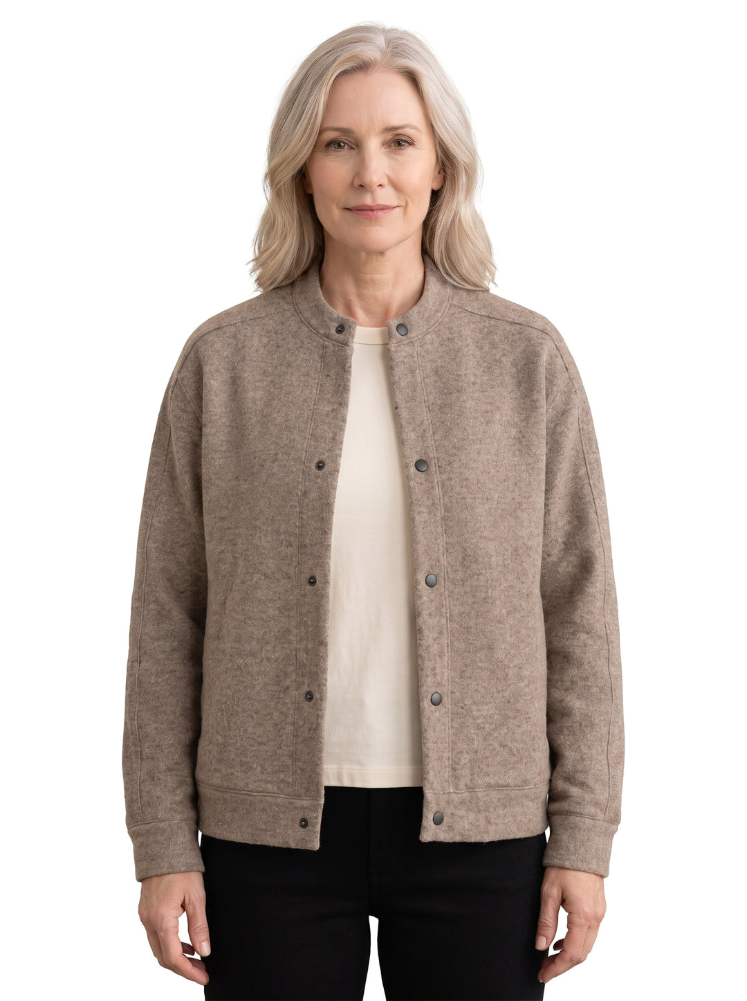 Woman wearing the Hilda-Miriam taupe wool-blend snap-front baseball jacket