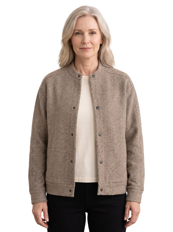 Woman wearing the Hilda-Miriam taupe wool-blend snap-front baseball jacket