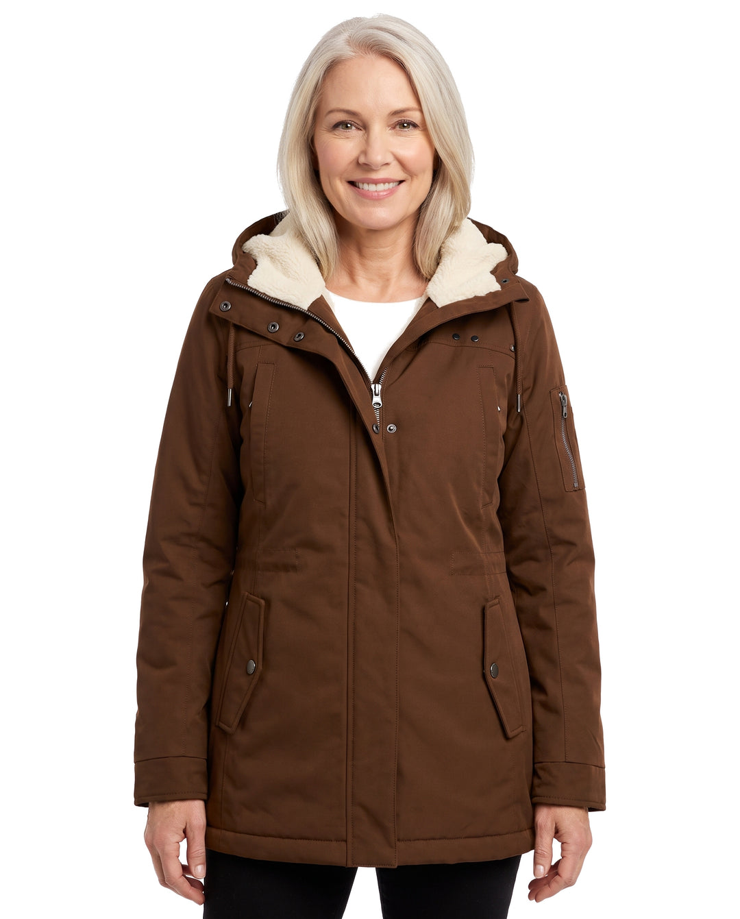 Woman wearing the brown hooded sherpa-lined zip coat, studio shot on white