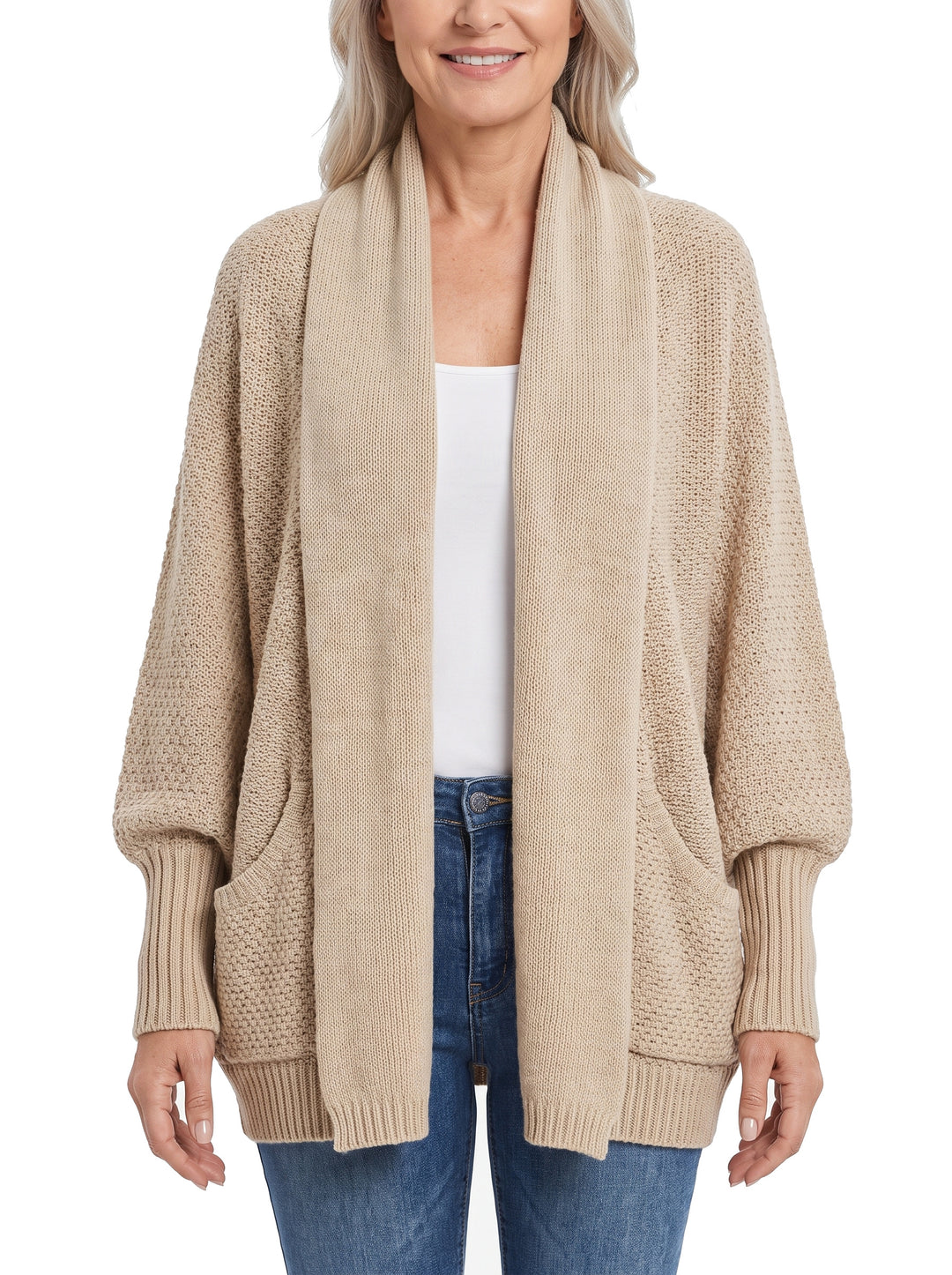 Woman wearing the Odette-Olive chunky knit open-front cardigan in khaki
