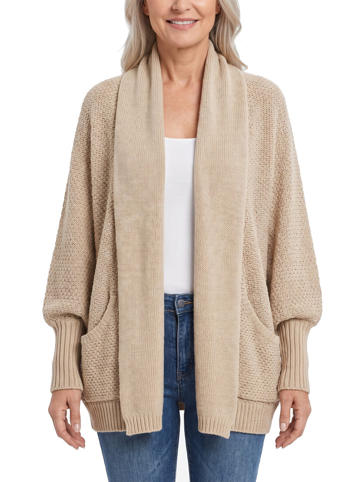 Woman wearing the Odette-Olive chunky knit open-front cardigan in khaki