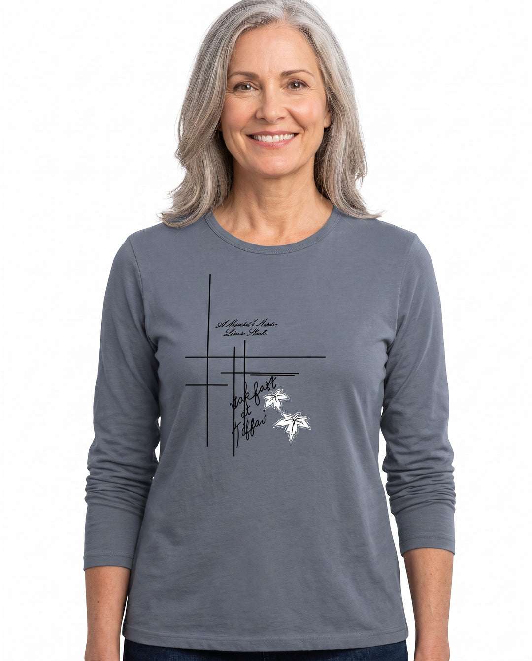Woman wearing the Zelda-Viola crew neck long-sleeve top in grey