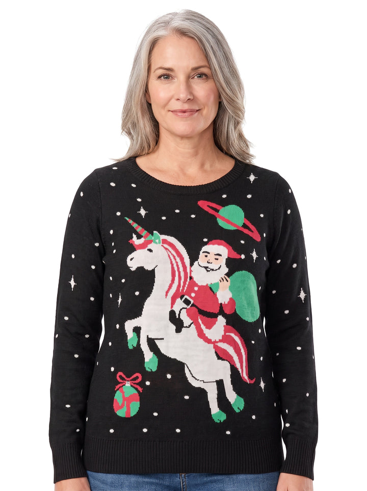 Woman wearing the Sabine Santa Unicorn graphic knit sweater in black