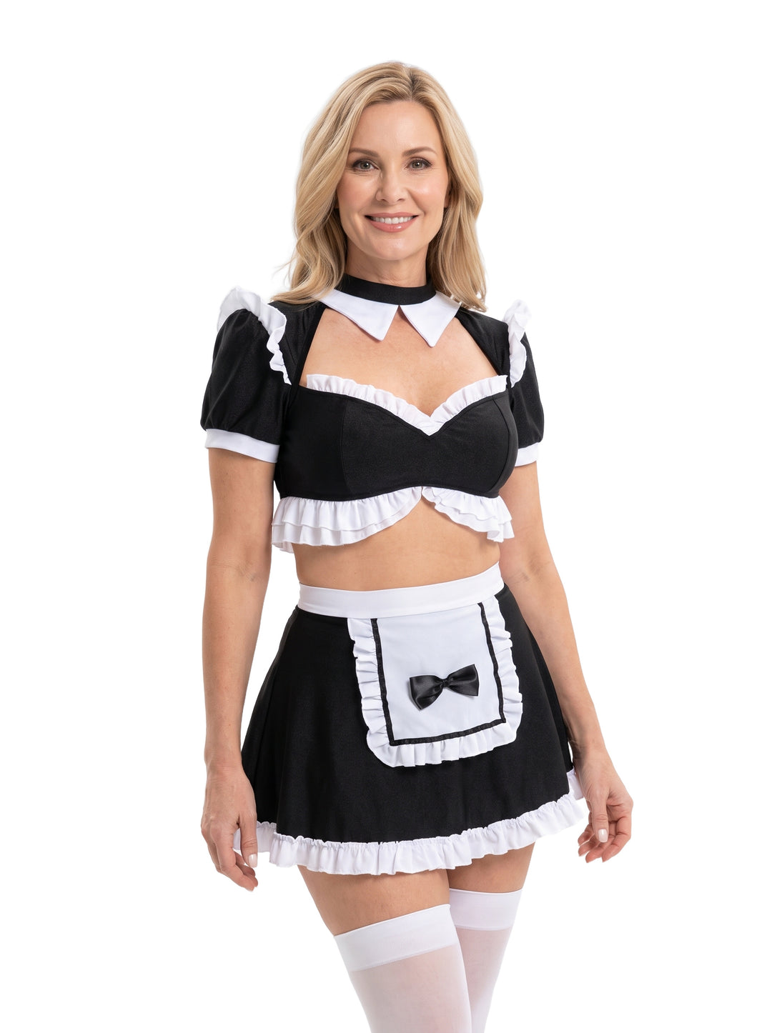 Women's ruffled apron maid costume set in black and white