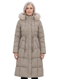 Gwendolyn-Hazel | Women's Longline Quilted Puffer Coat with Detachable Faux-Fur Hood