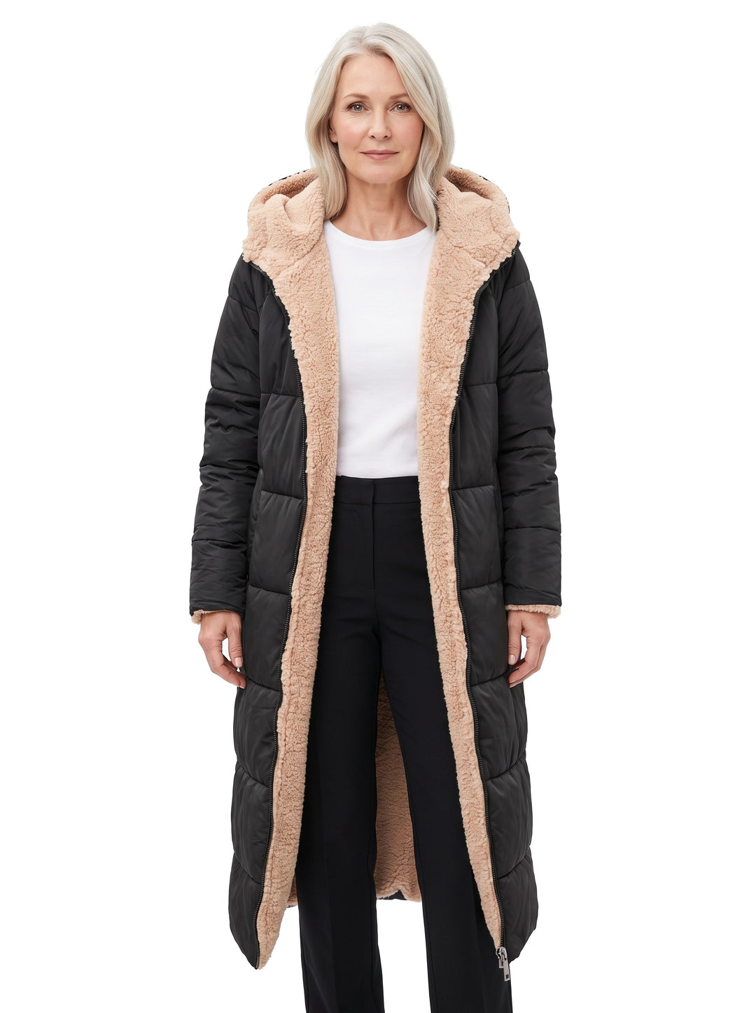 Sigrid-Sybil Women's Hooded Insulated Trench Coat in black with beige sherpa lining