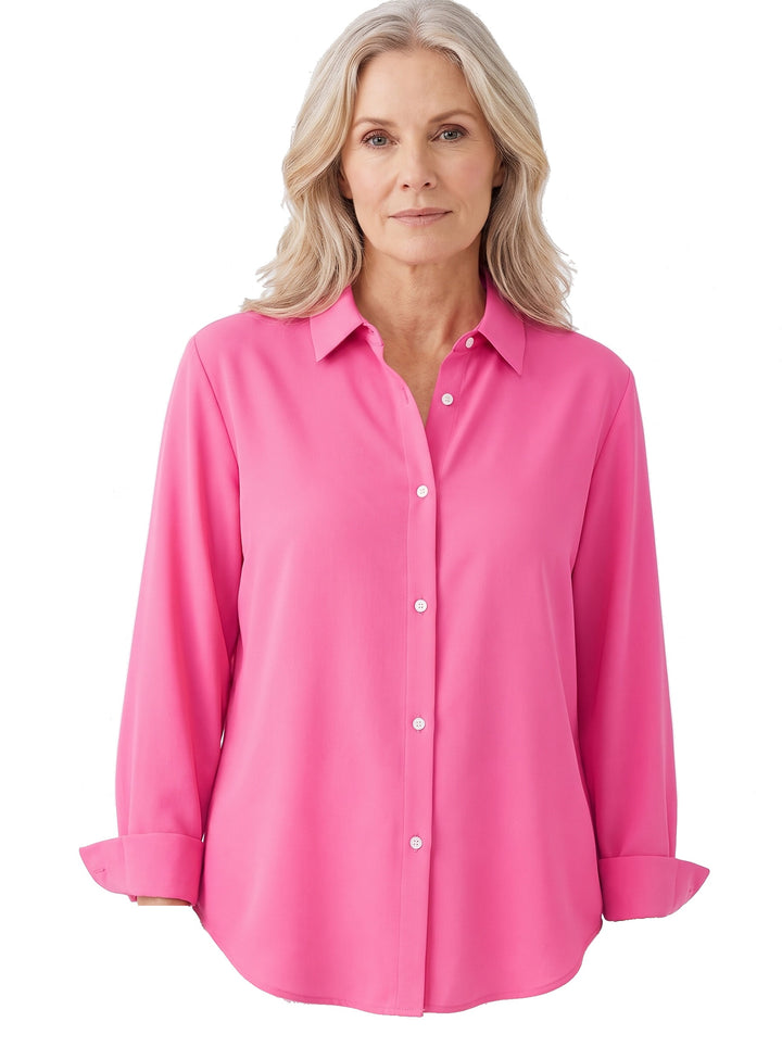 Woman wearing the Zelda-Violet pink button collar blouse with relaxed fit