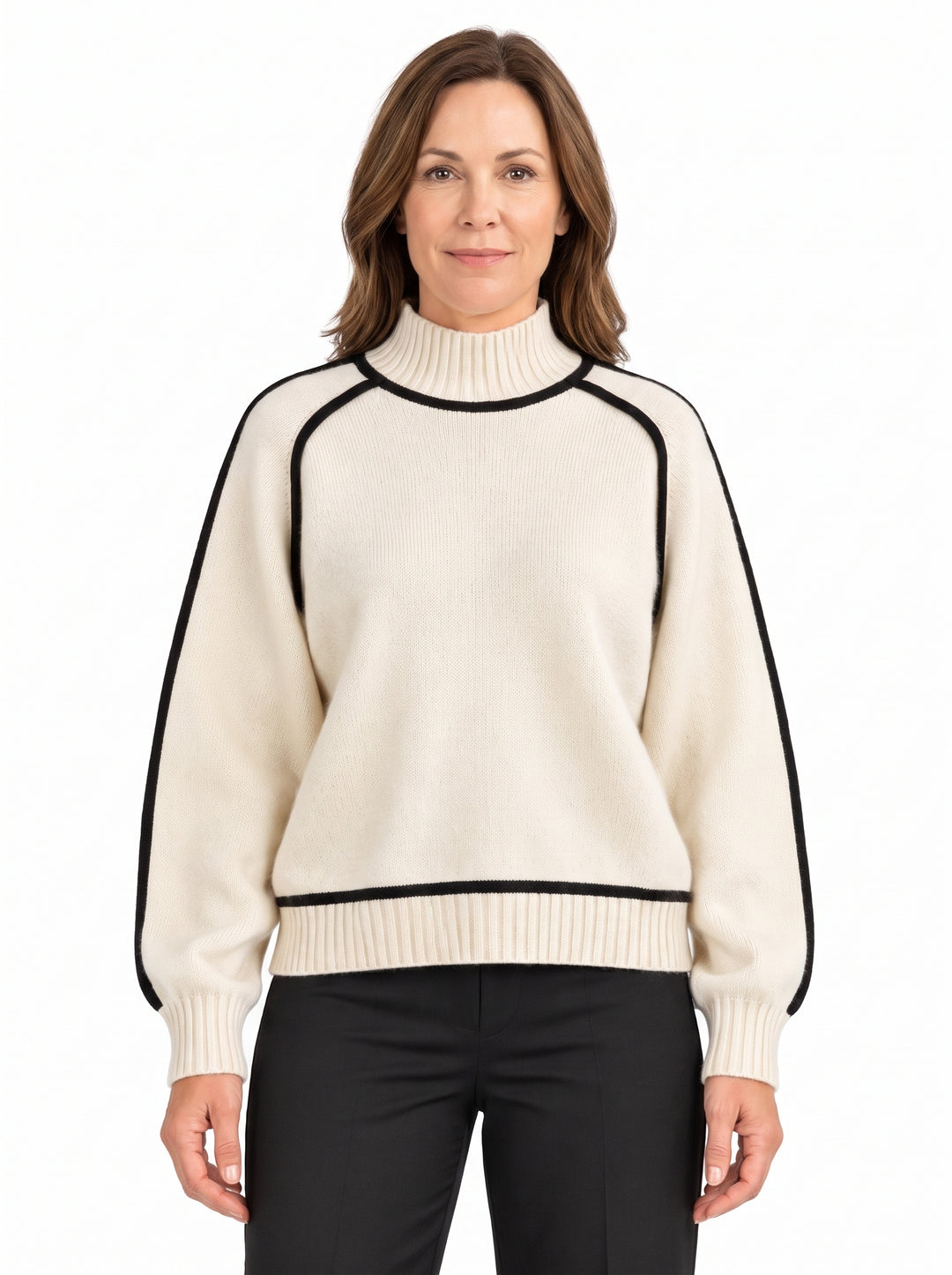 Women's contrast-trim turtleneck jumper in cream with black piping