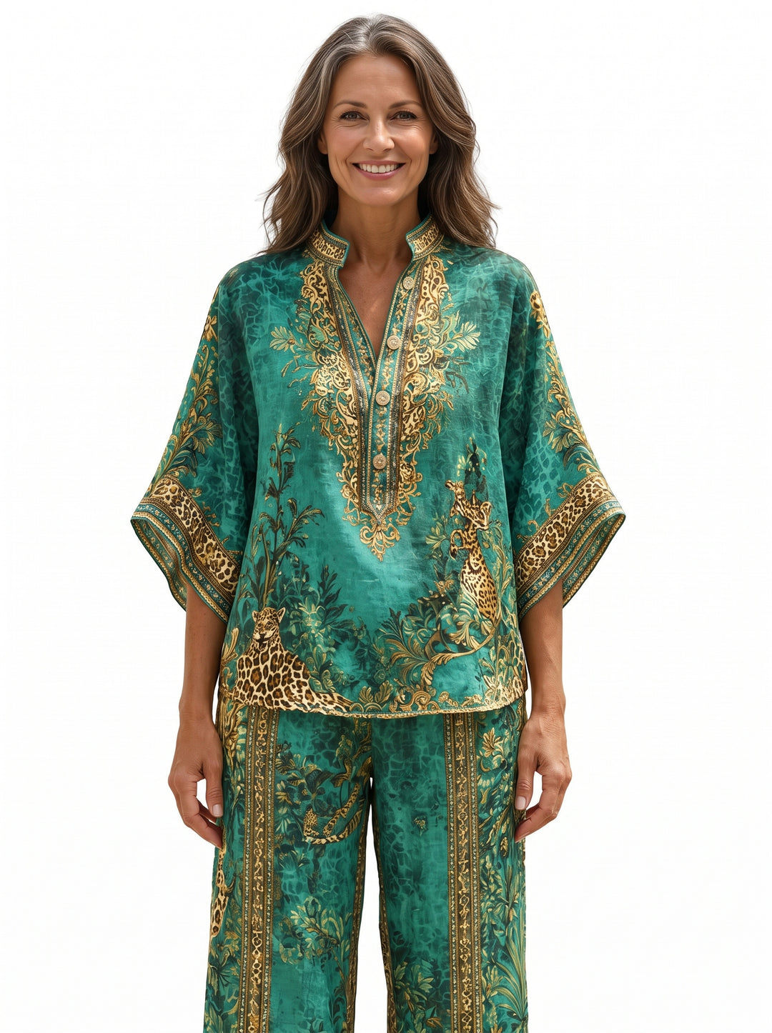 Woman wearing teal satin-feel kaftan tunic and matching wide-leg pants set