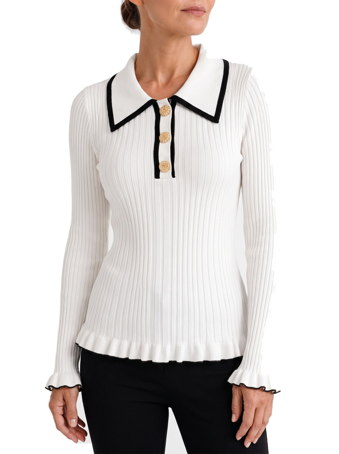 Woman wearing the Delia-Gwendolyn white contrast-collar ribbed knit top