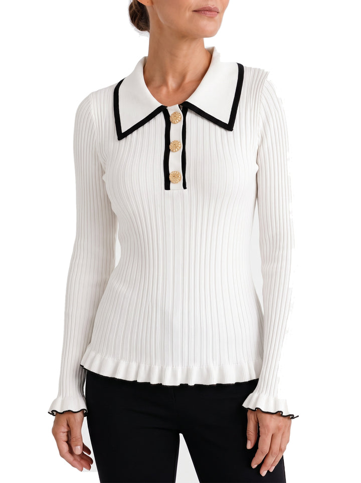 Woman wearing the Delia-Gwendolyn white contrast-collar ribbed knit top