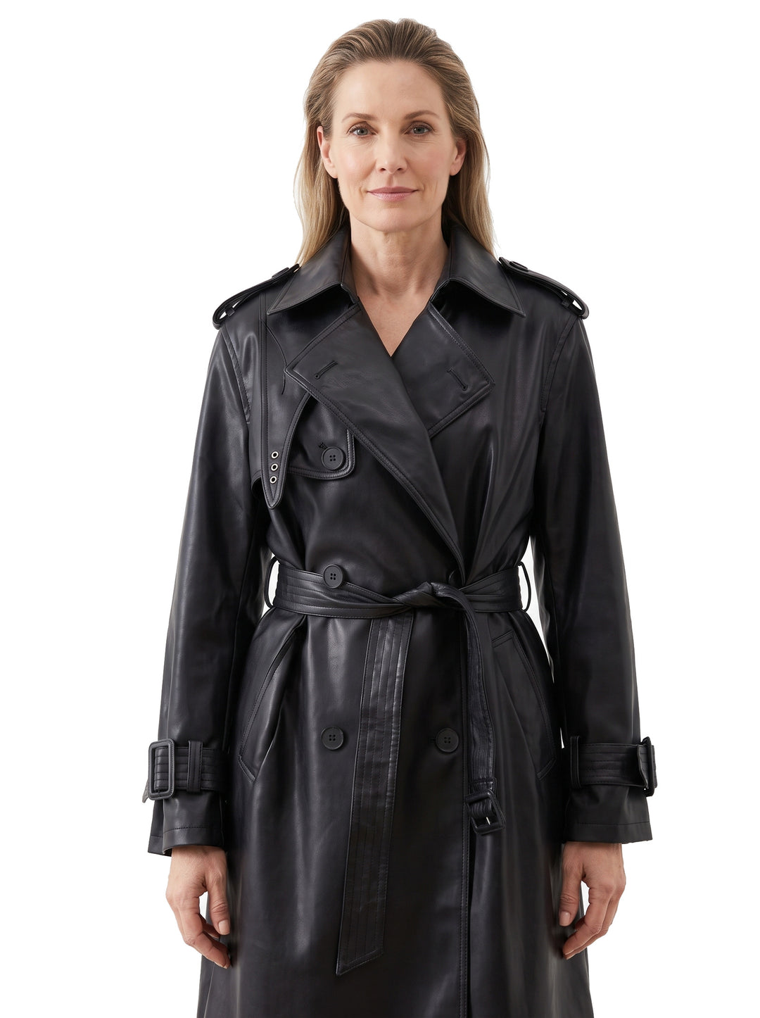 Woman wearing black belted double-breasted faux leather trench coat