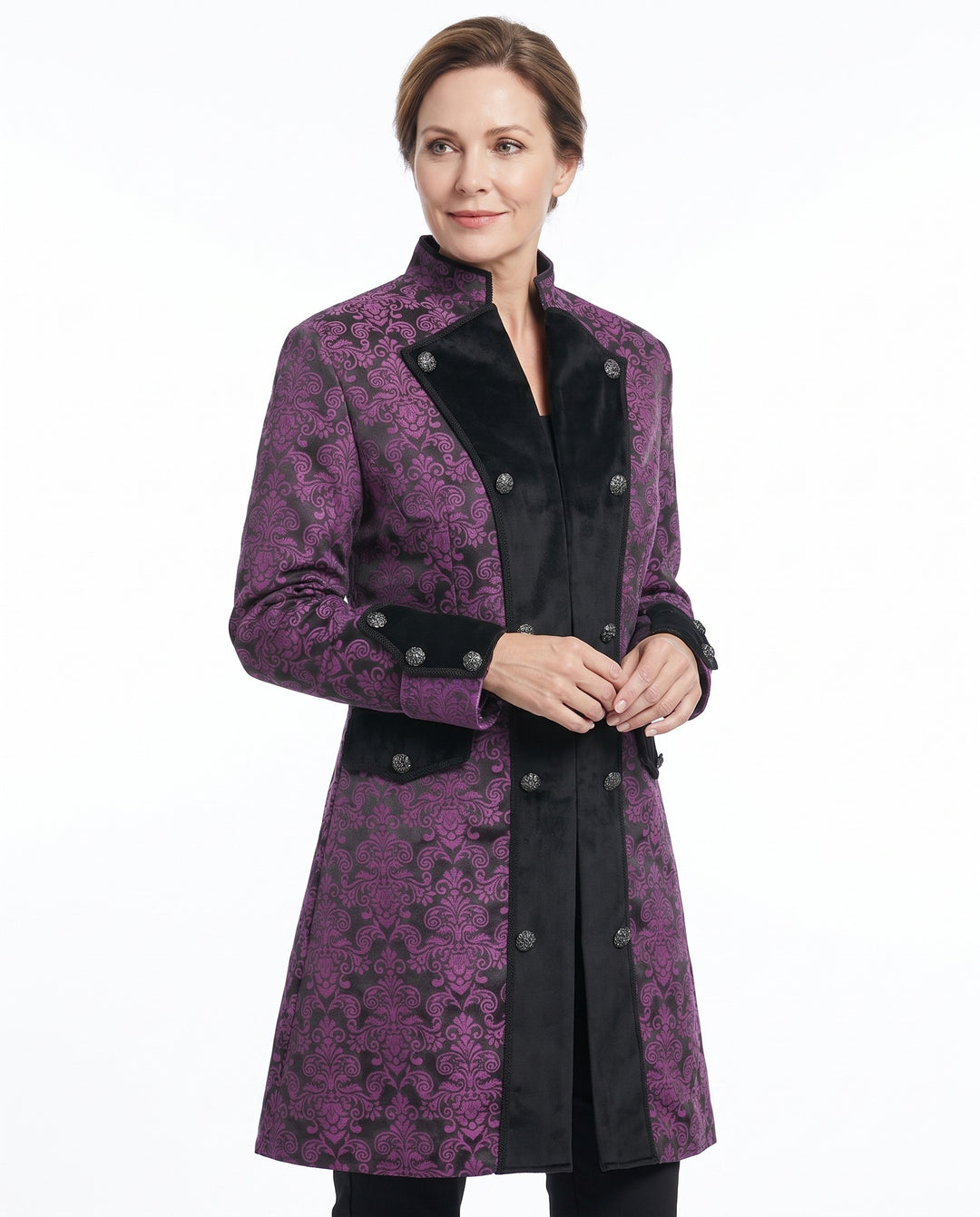Nora-Meredith Women's Embellished Stand-Collar Coat worn by model