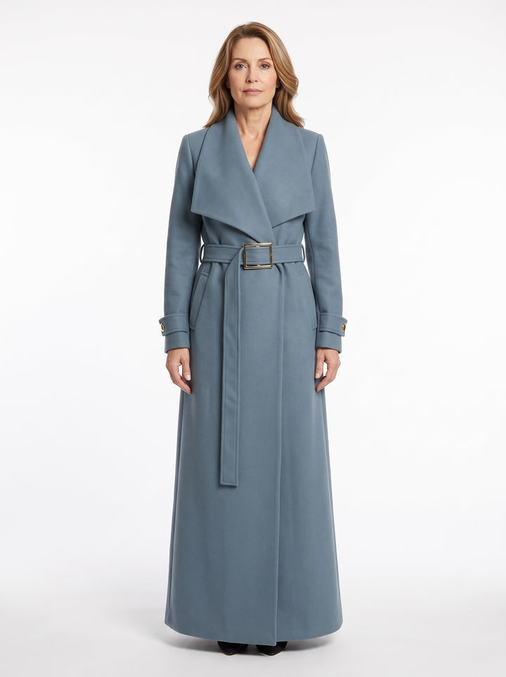 Thelma-Frances notched-lapel belted wrap coat, dusty blue