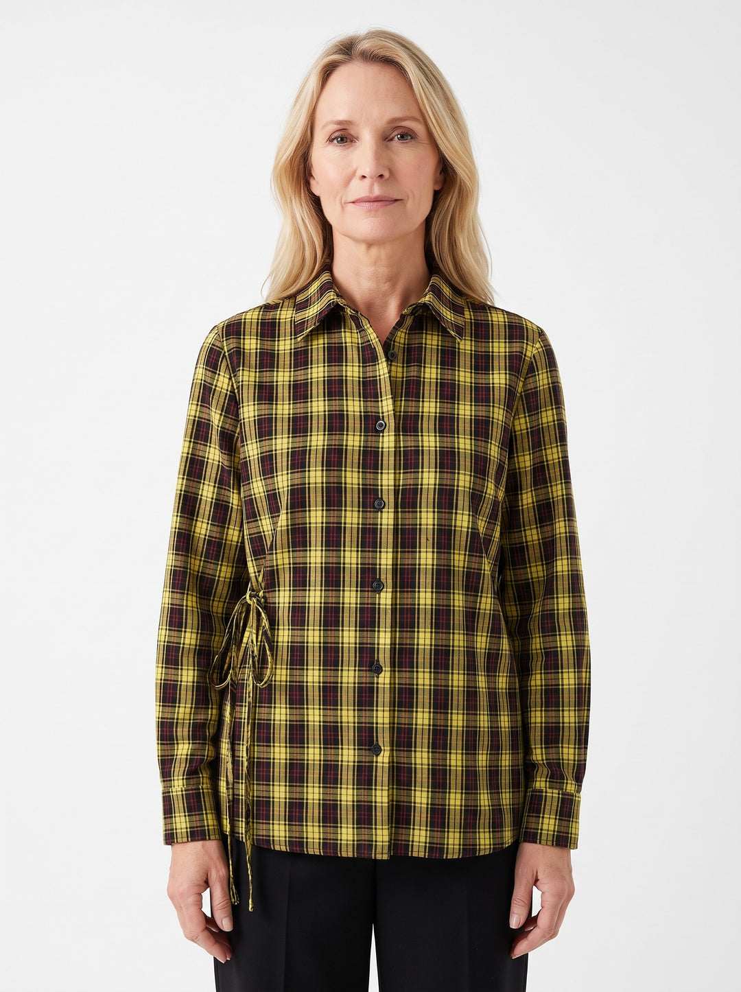 Daphne-Evelina checkered drawstring-waist blouse on model