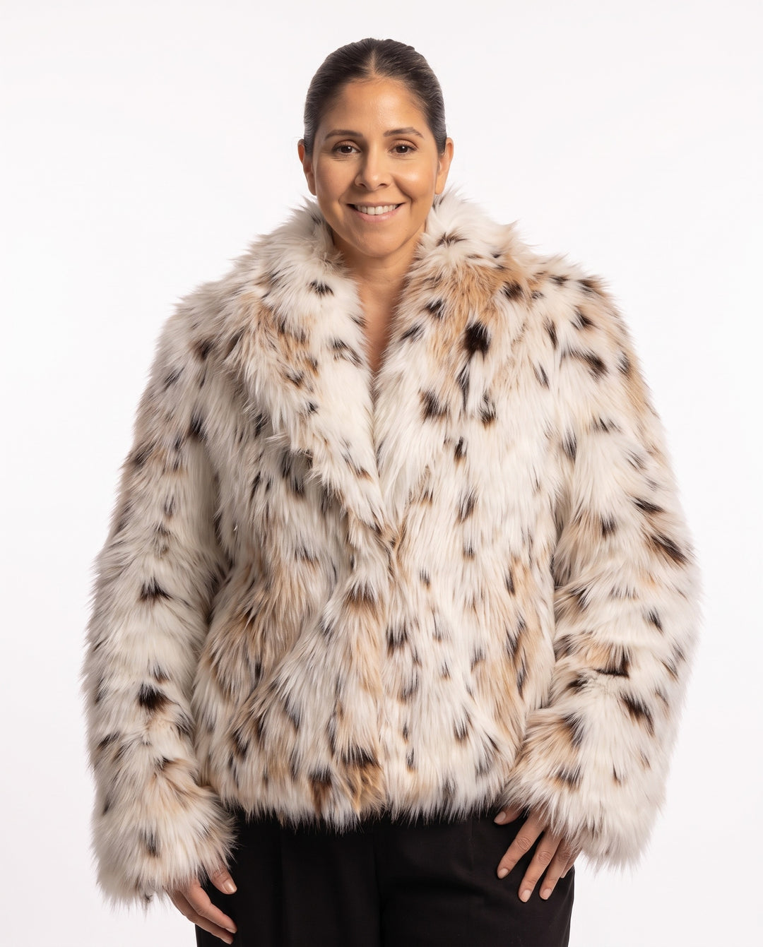 Cordelia Womens Leopard Print Cropped Fur-Look Coat hero