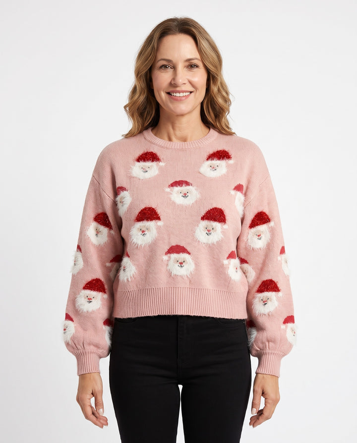 Martha Santa print Christmas sweater worn by model