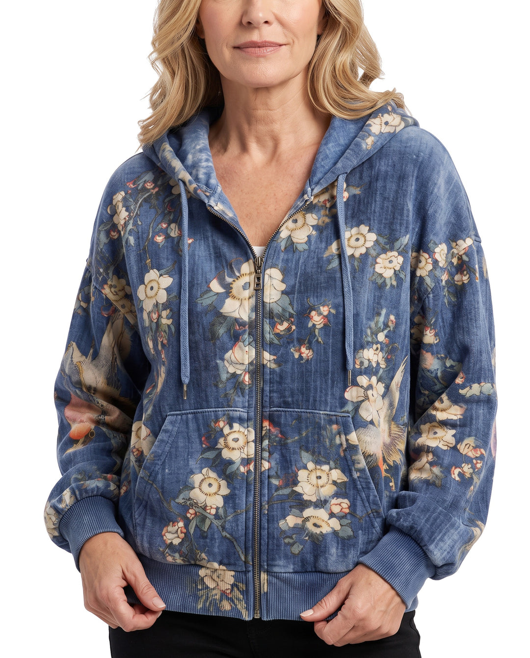 Gloria Women's Vintage Floral Patchwork Hoodie worn by model