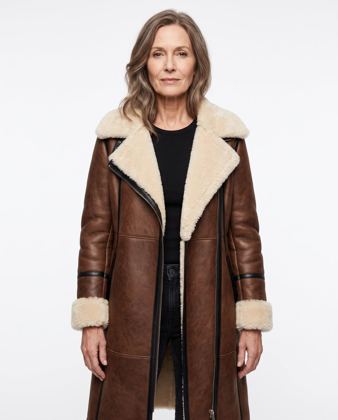 Women's Long Leather-Look Coat with Faux Fur Collar