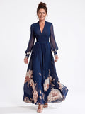 Verna-Lucille | Women's Floral Pleated V-Neck Maxi Dress
