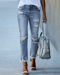 Ursula-Greta | Women's Distressed Slim Fit Jeans with Frayed Hem
