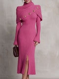 Penelope-Clara | Women's Draped Collar Ribbed Knit Midi Dress