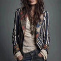 Margot | Women's Retro Striped Blazer with Floral Lapel Panels