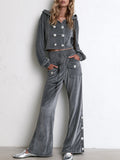 Rhea-Louisa | Women's Velvet Hooded Cropped Jacket & Wide-Leg Pants Set