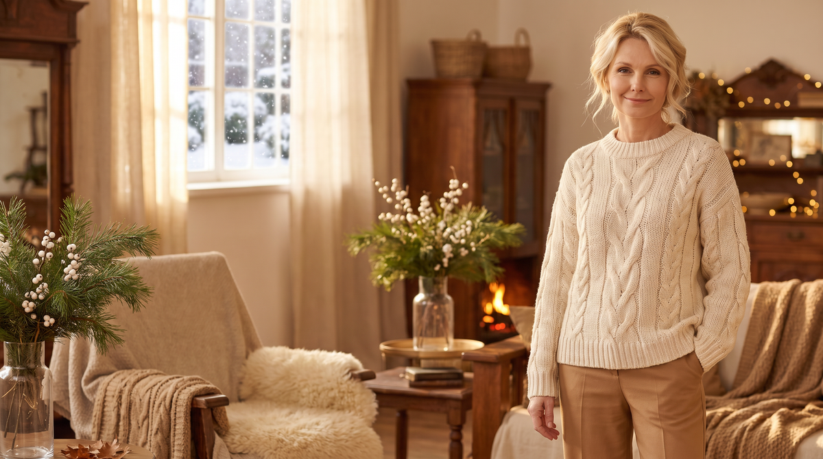 Woman in a cream cable-knit sweater in a cozy winter living room