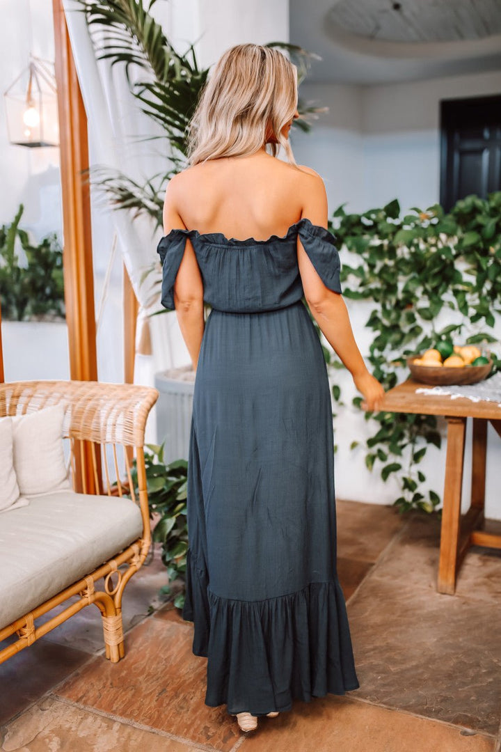 Juliette navy off-the-shoulder maxi dress detail