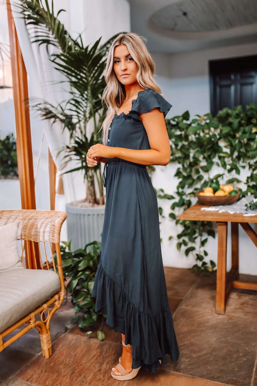 Juliette navy off-the-shoulder high-low maxi dress