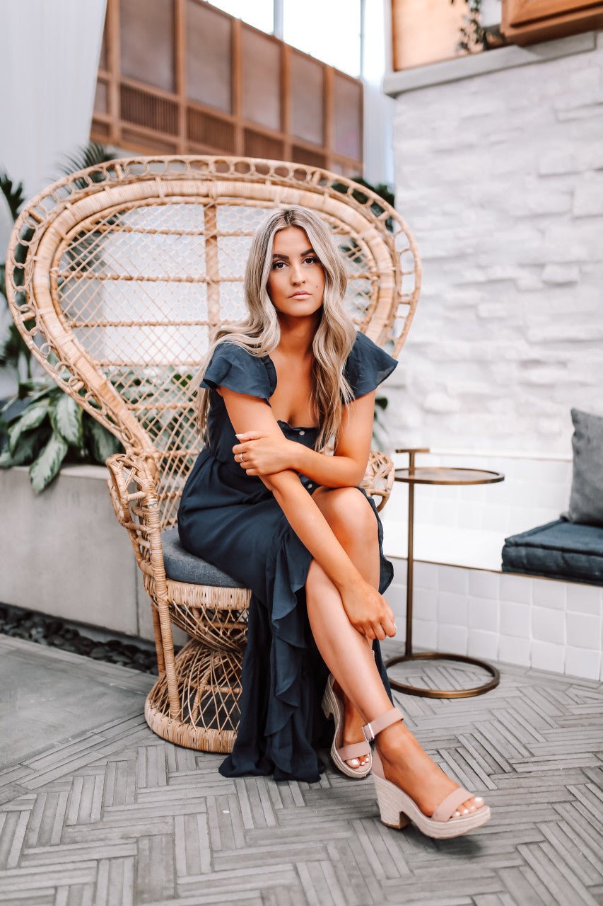 Juliette navy button-down high-low maxi dress