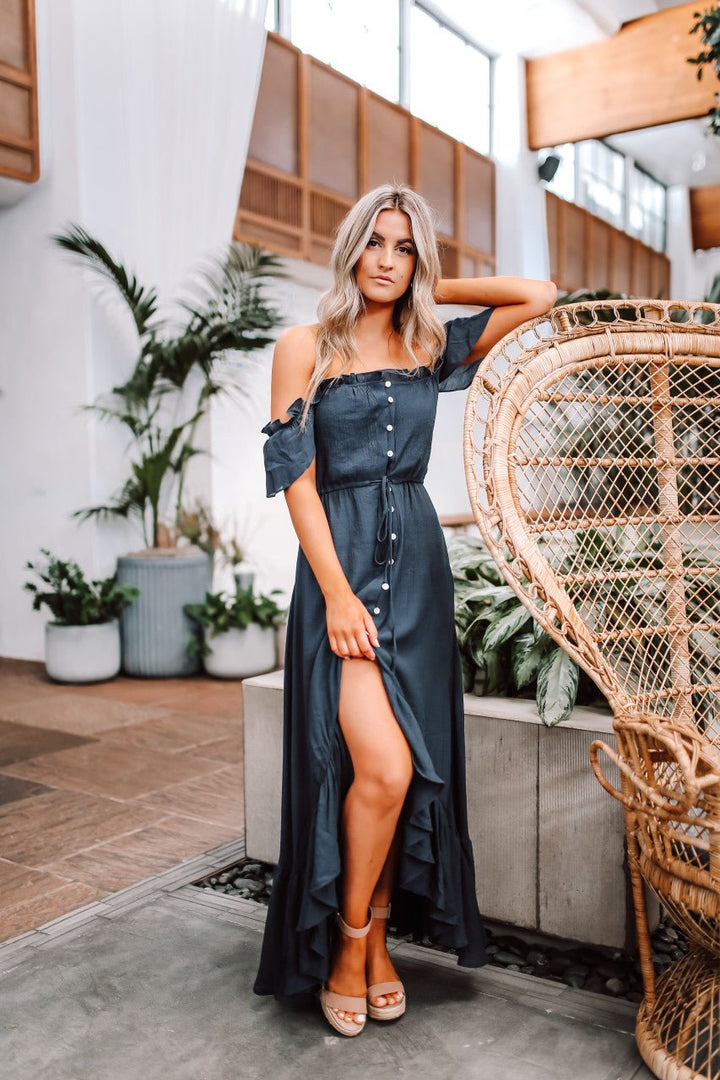 Juliette navy off-the-shoulder high-low maxi dress, side slit