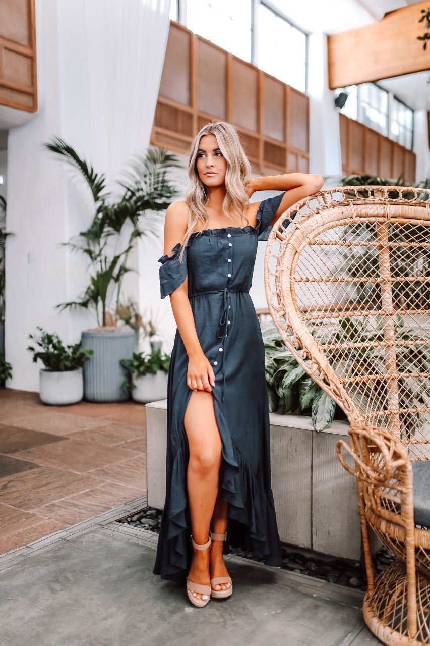 Juliette navy high-low maxi dress ruffle hem