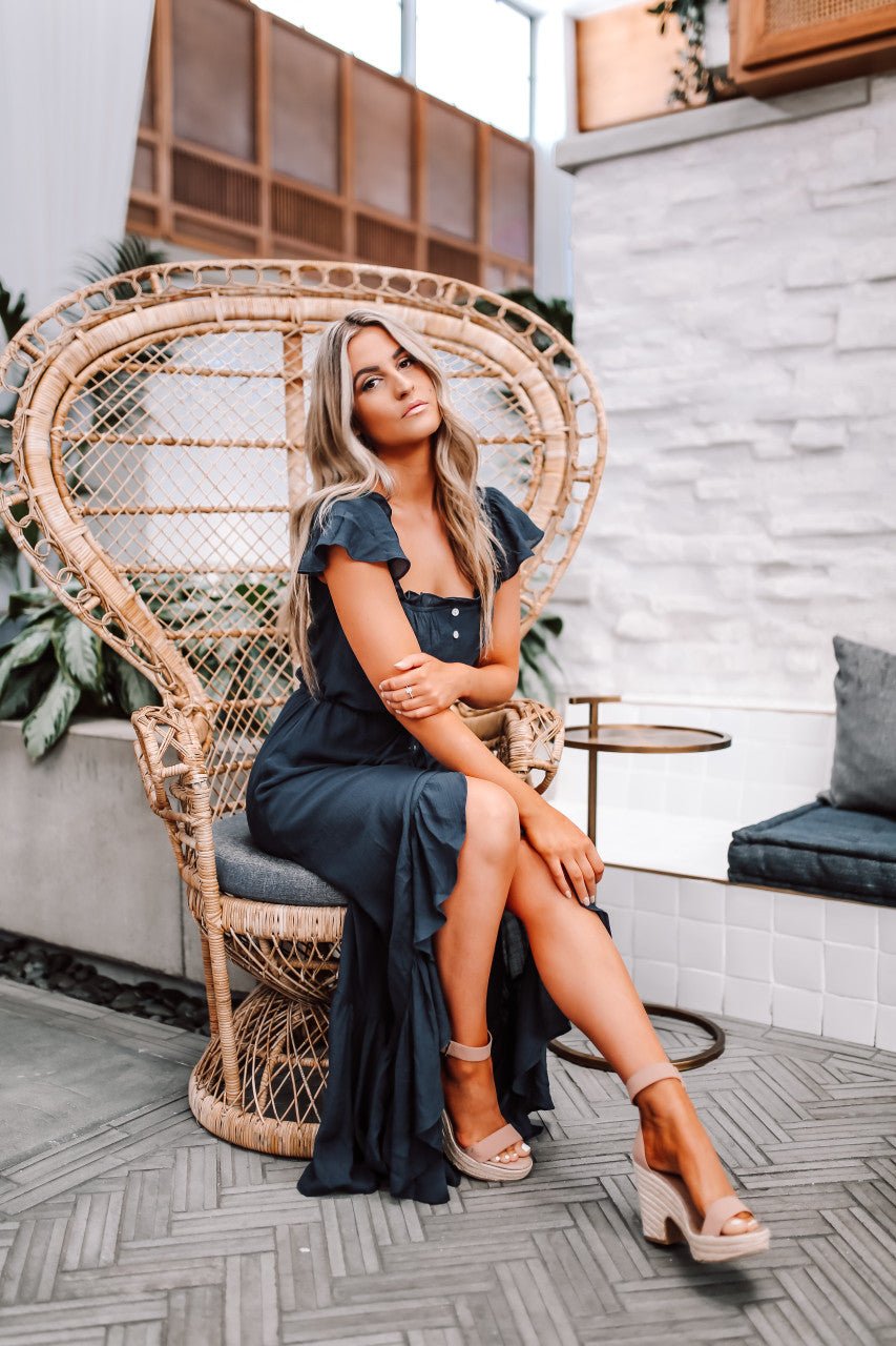 Juliette navy off-the-shoulder high-low maxi dress