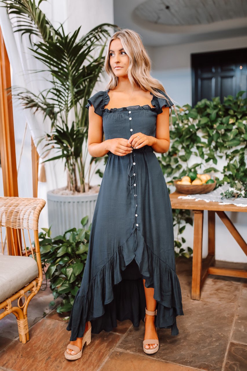 Juliette navy maxi dress ruffle hem detail
