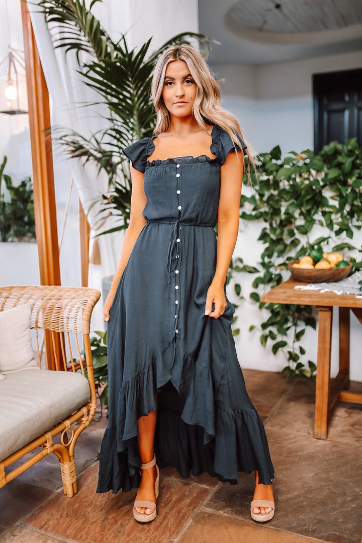 Juliette navy off-the-shoulder button-down maxi dress