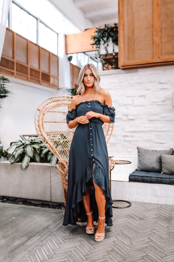 Juliette navy off-the-shoulder button-down maxi dress