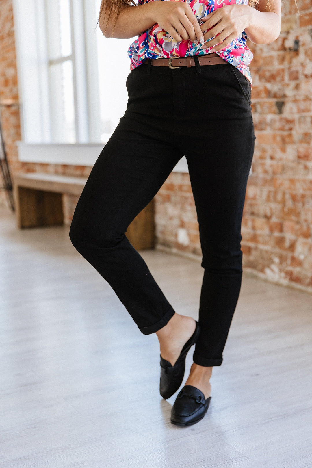 Marguerite belted slim-fit chino pants in Black, front view