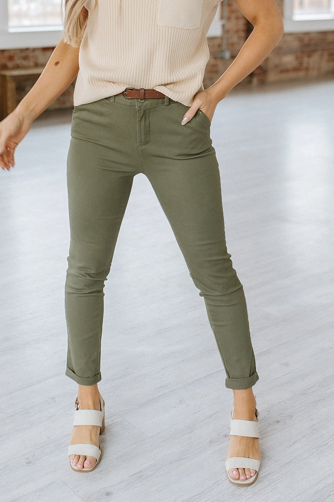 Marguerite belted slim-fit chino pants in Olive Oil, front view