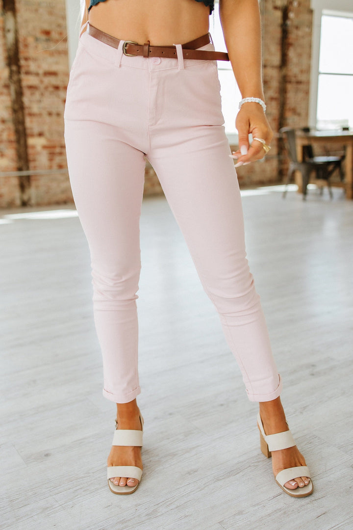 Marguerite belted slim-fit chino pants in Blush, front view