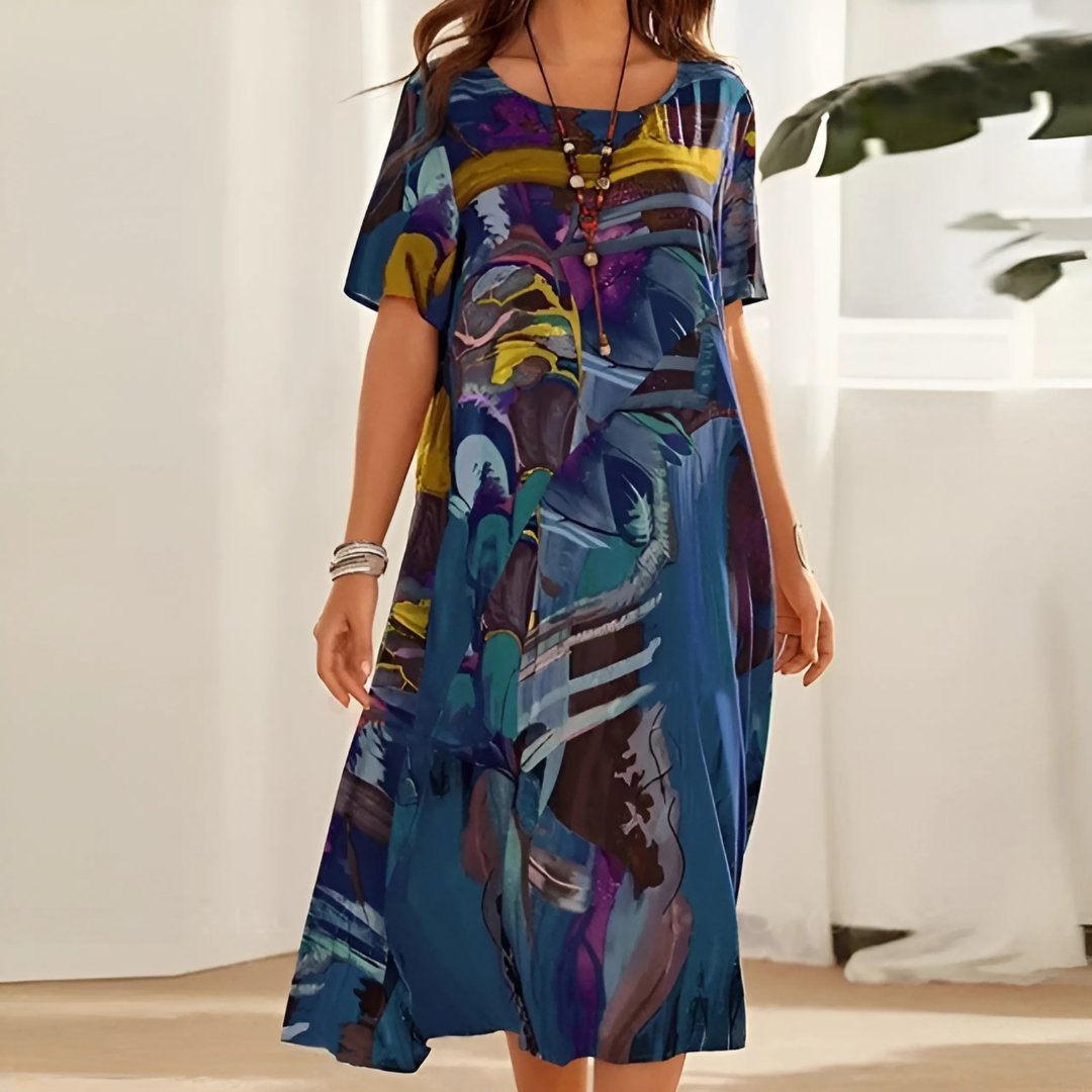Lily | Plus Size Abstract Print Midi Dress Short Sleeve Relaxed - Women's Abstract Print | Nancy Callen Fashion
