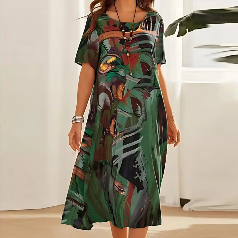 Lily | Plus Size Abstract Print Midi Dress Short Sleeve Relaxed - Women's Abstract Print | Nancy Callen Fashion